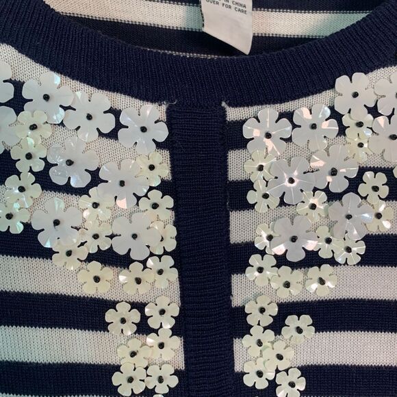 C.D. Daniels Navy/White Stripe Sweater Size 2X Floral Sequin Lightweight Spring - Picture 3 of 10